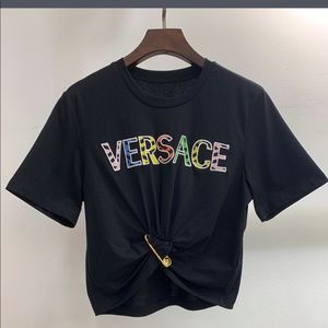Versace Black Short Sleeve Logo Tee with Multicolor Lettering